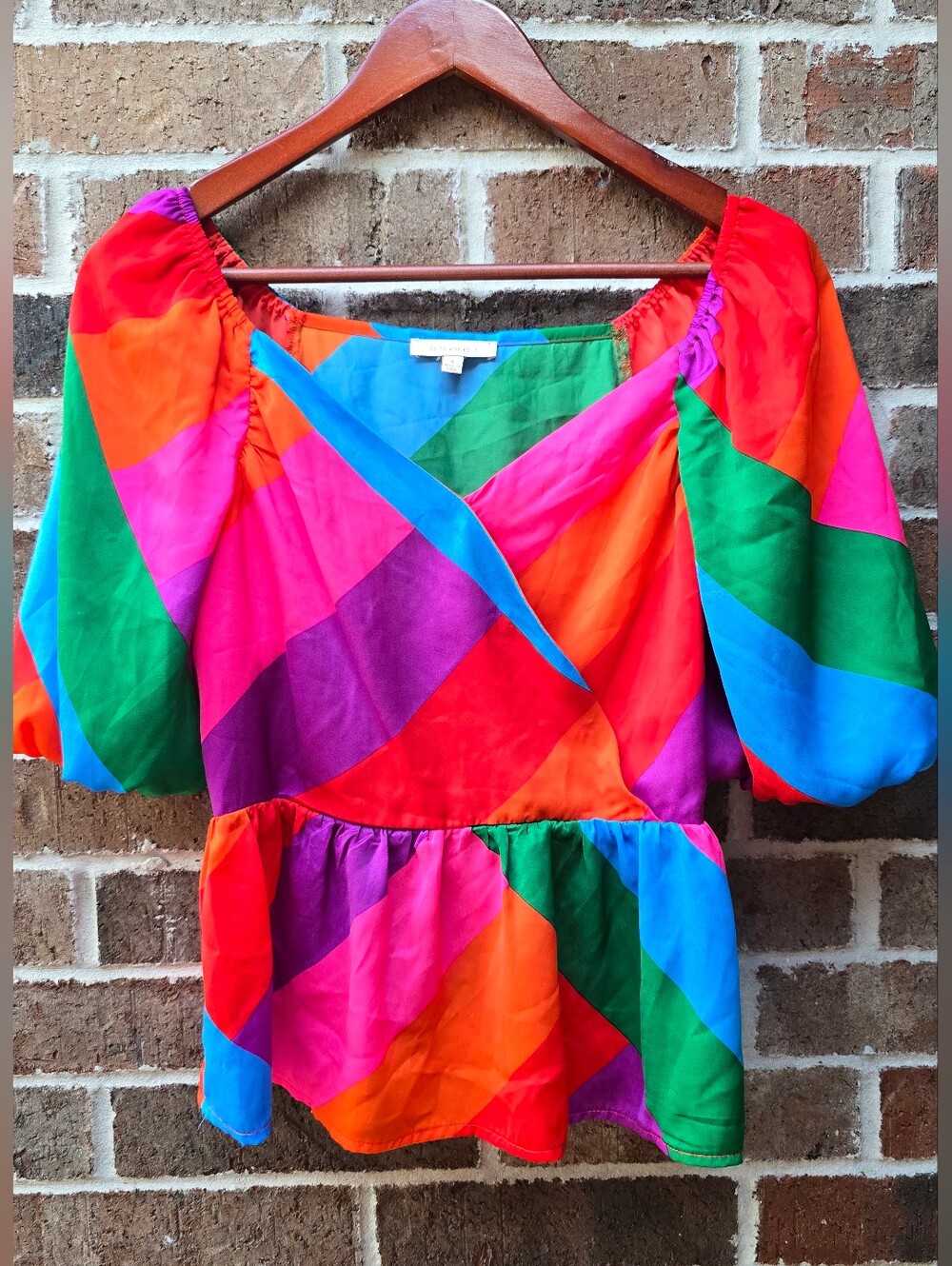Skies Are Blue Multicolor Geometric Puff Sleeve Peplum Wrap Top Small - Picture 5 of 13